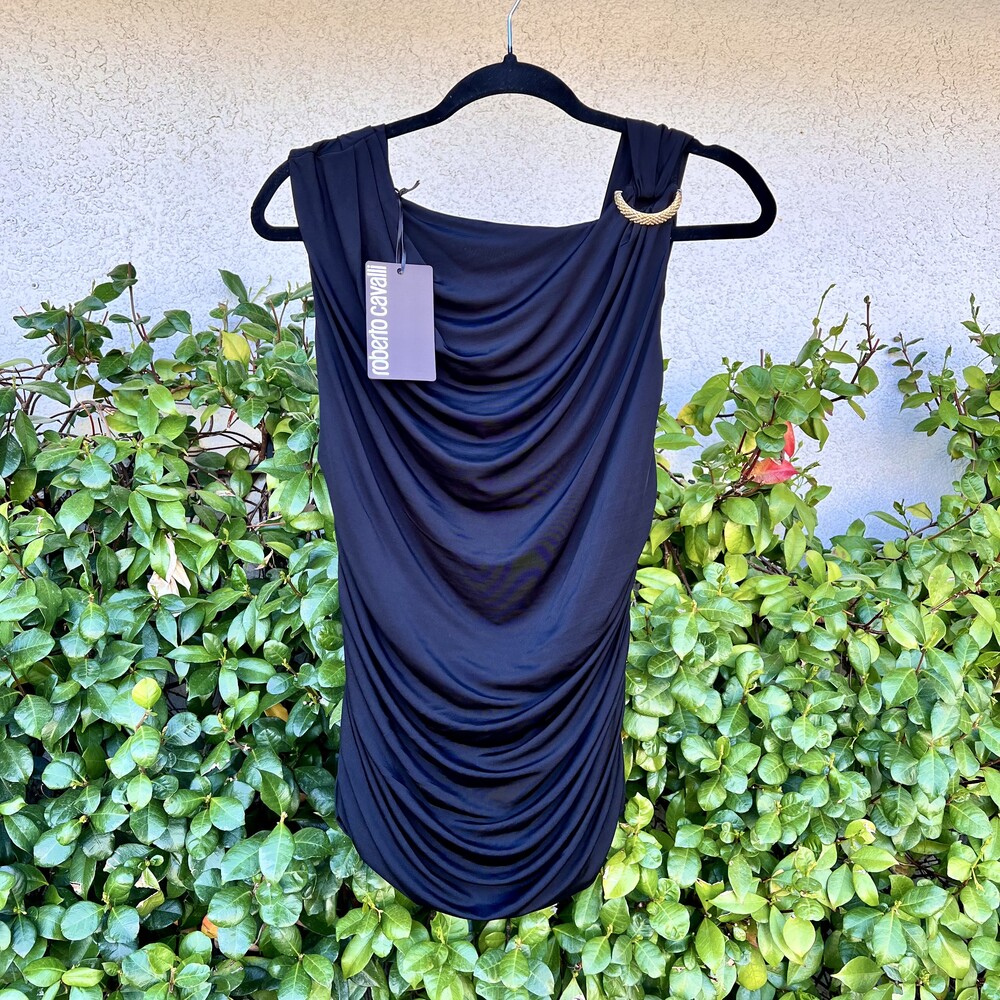 Roberto Cavalli Top Black Gold Cowl Neck Slinky Blouse Size 42 US 6 Sm Med NWT - Picture 7 of 8